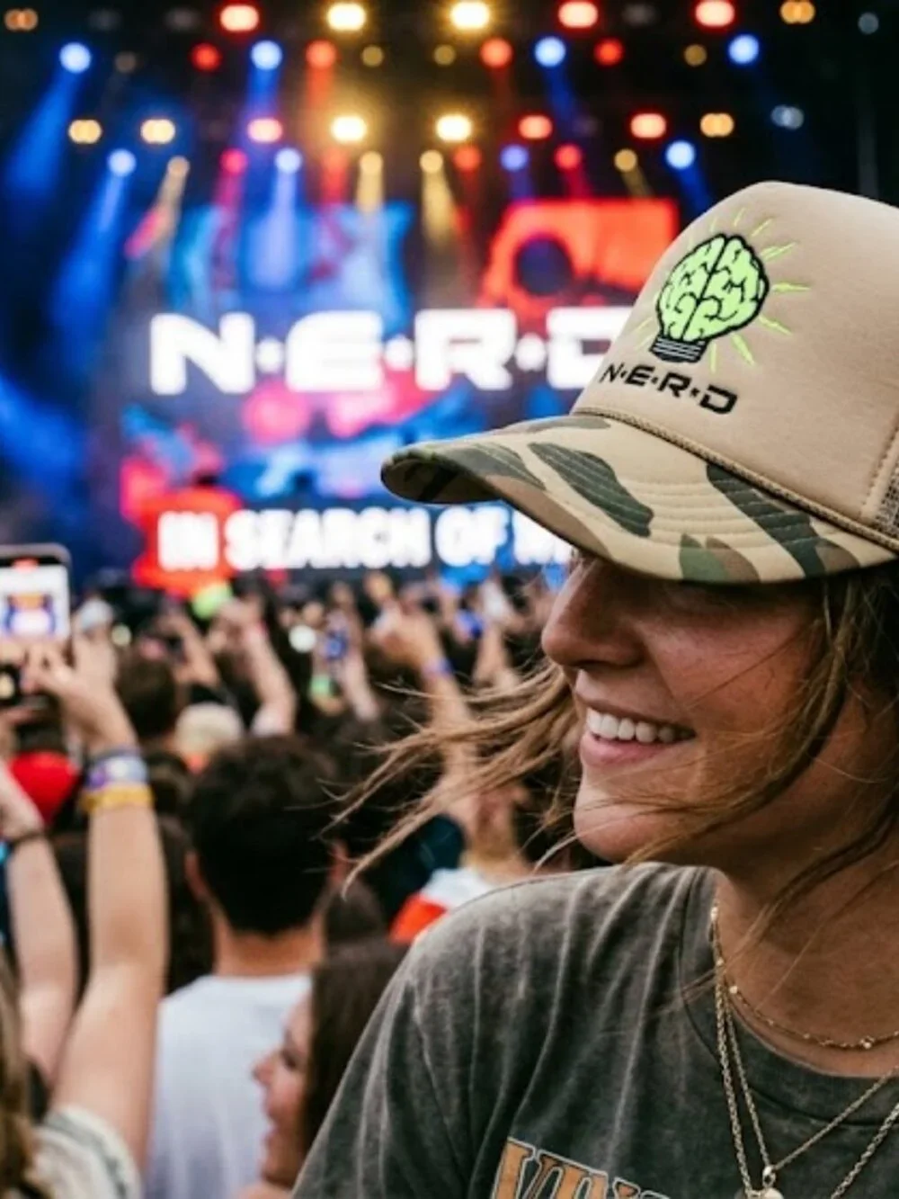 NERD Trucker Hat Pharrell Neptunes Y2K Retro Camo Brain Logo Mesh Snapback Cap